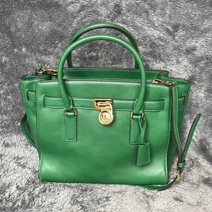 Michael Kors Hamilton Traveler Large Leather Satchel in Gooseberry Green